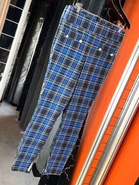 💎 Royal Blue Pearl "Sculpture" Plaid Legging Pants 🎨✨